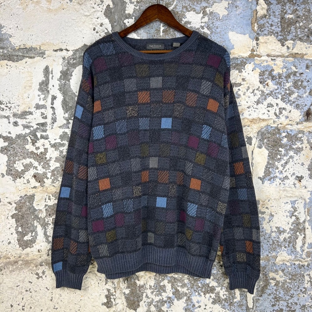 Van Heusen Vintage Sweater Mens L Grey Multi Geometric Checkered Knit Pullover